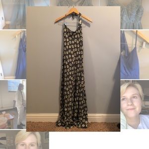 Abstract Patterned Vintage Olive Green Maxi Dress